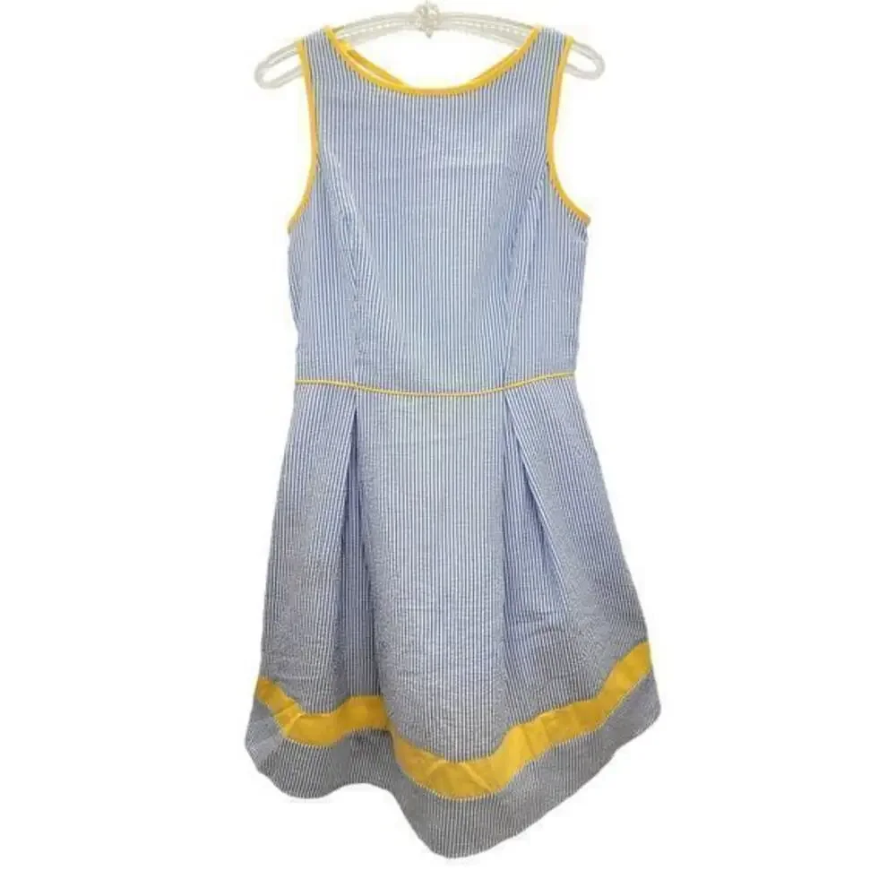 Elle Seersucker Striped Contrasting Trim Sleeveless Midi Fit n Flare Dress